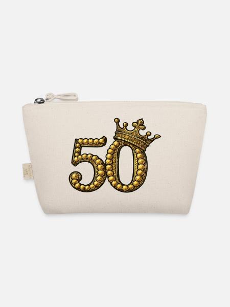 Golden 50 with Crown – Noble Birthday Motif - Organic Pouch - nature - Front