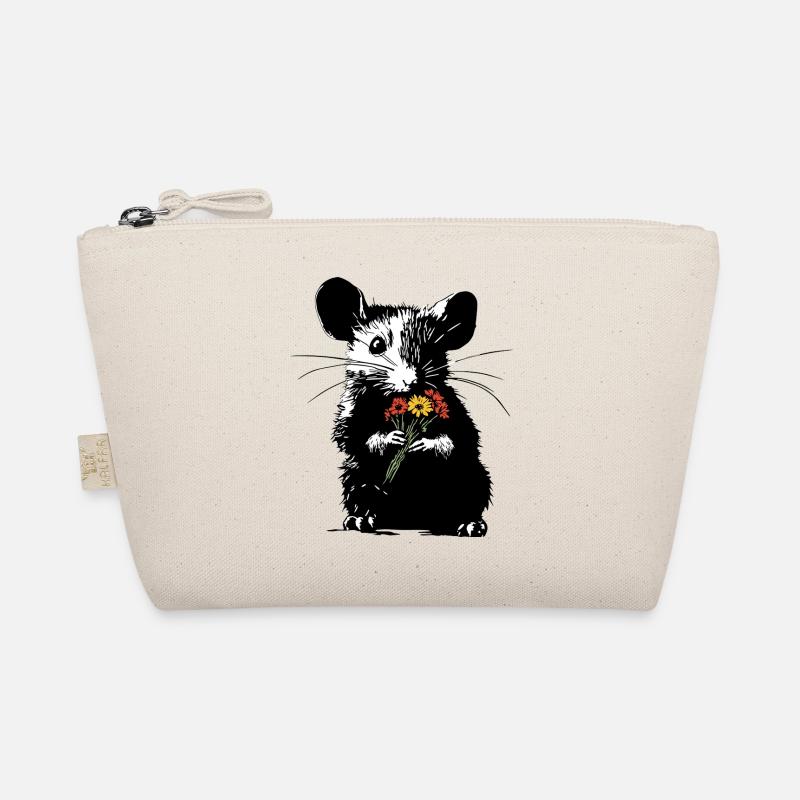 Maus mit bunten Blumenstrauß - Stencil Love - Bio-Täschchen - Natur