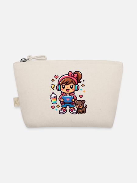 Aesthetic Gamer Girl with a surf tablet and a Pup - Organic Pouch - nature - Front