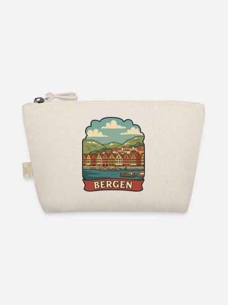 Autocollant de voyage vintage Bryggen Bergen Norvège - Trousse biologique - nature - Devant