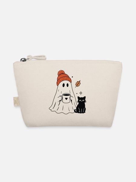 Süßer Geist mit Mütze & Katze – Cozy Halloween - Bio-Täschchen - Natur