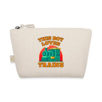 This boy loves trains locomotives! Child Gift - Organic Pouch - nature - Front
