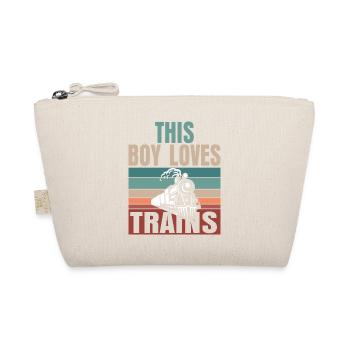 This boy loves trains locomotives! Child Gift - Organic Pouch - nature - Front