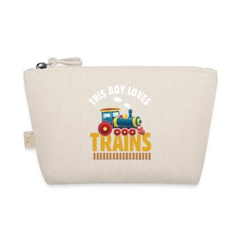 This boy loves trains locomotives! Child Gift - Organic Pouch - nature - Front