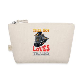 This boy loves trains locomotives! Child Gift - Organic Pouch - nature - Front