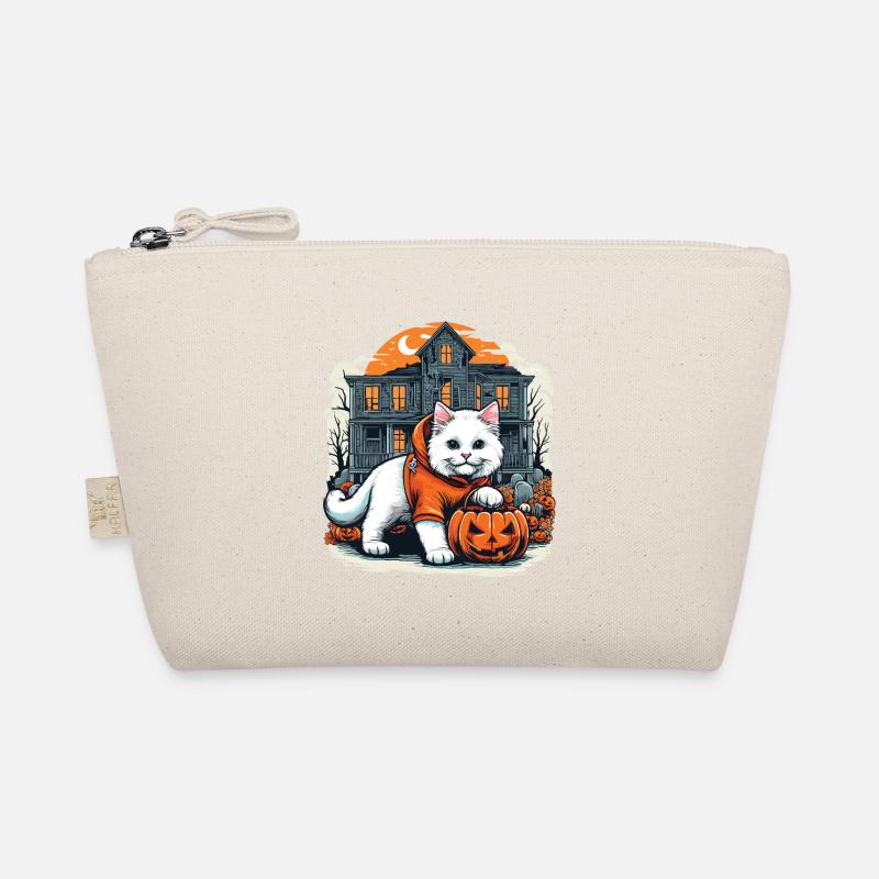 Chat blanc d’Halloween en sweat à capuche avec maison hantée Trousse biologique