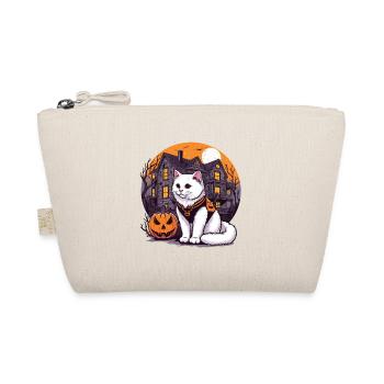 Chat blanc d’Halloween en sweat à capuche avec maison hantée - Trousse biologique - nature - Devant