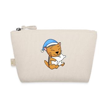 Sleeping Tired - Cat with Pillow and Sleepy Cap - Organic Pouch - nature - Front