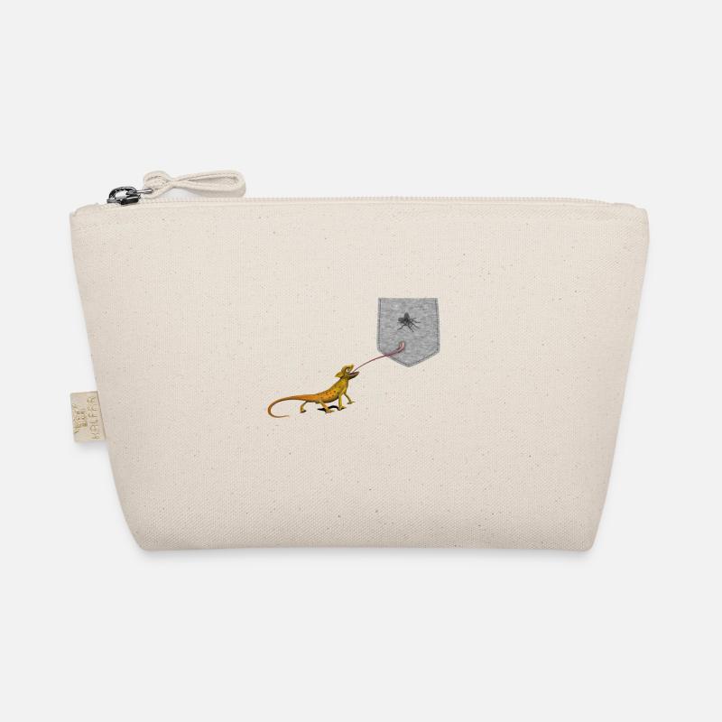 Eidechsenzunge, die nach der Fliege im falschen Taschenspaß greift Bio-Täschchen