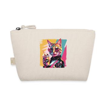 Popart Katze mit Lederjacke und Kaffee - Bio-Täschchen - Natur - Vorne