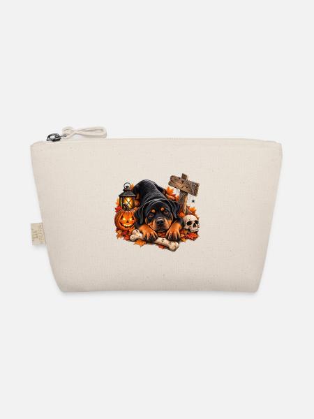 Halloween Rottweiler mit Kürbis und Knochen - Bio-Täschchen - Natur