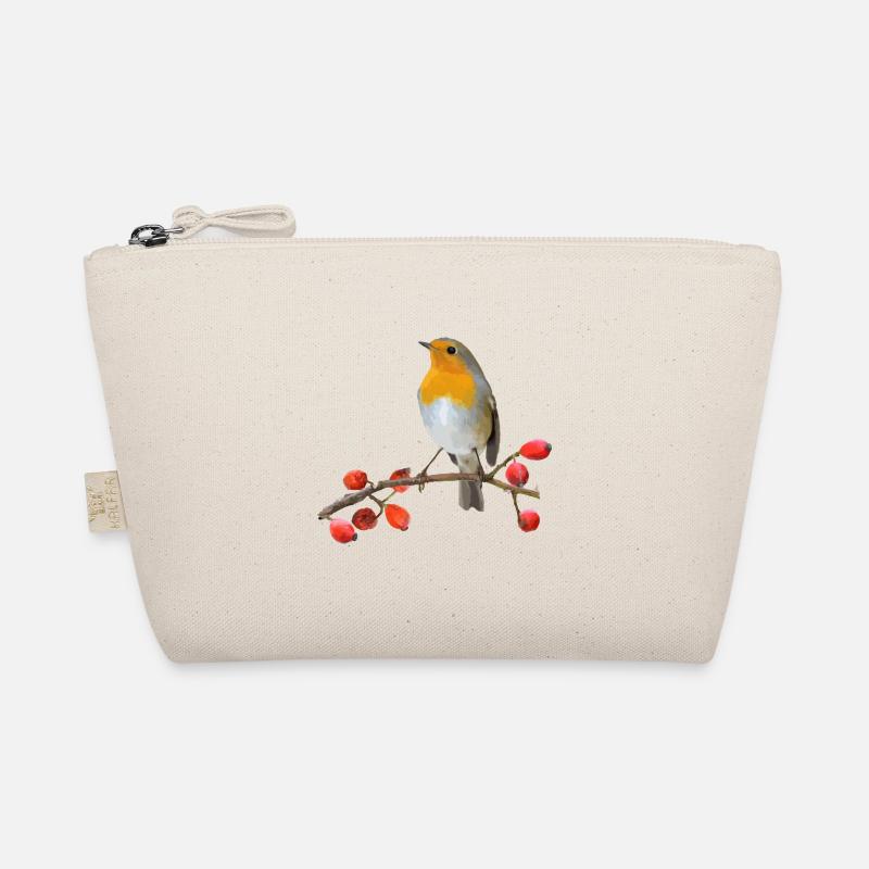 Robin on branch with red berries - Organic Pouch - nature