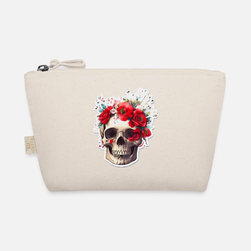 Totenkopf mit roten Blumen - Bio-Täschchen - Natur