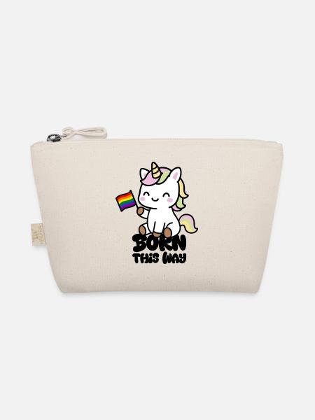 Kleines Einhorn mit Regenbogenfahne "Born this Way - Bio-Täschchen - Natur - Vorne