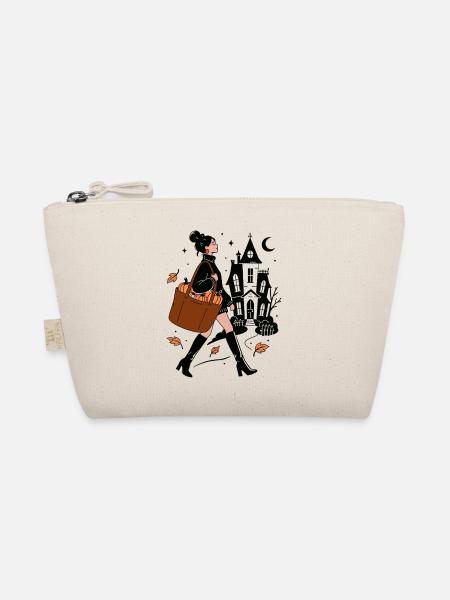 Autumn Vibes Frau mit Kürbis Tasche & Spukhaus - Bio-Täschchen - Natur