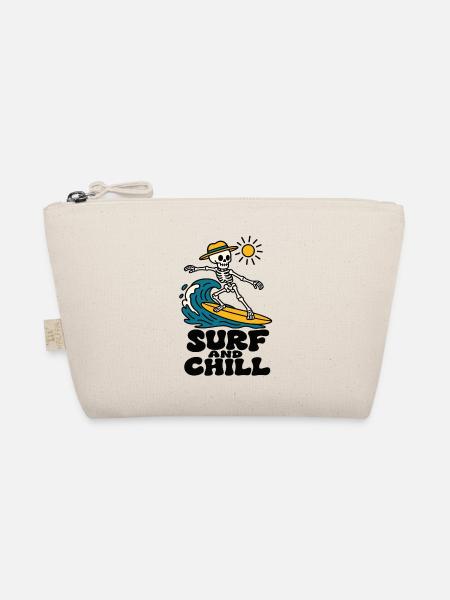 Surf and Chill Skelett Surfen Welle Sommer Shirt - Bio-Täschchen - Natur