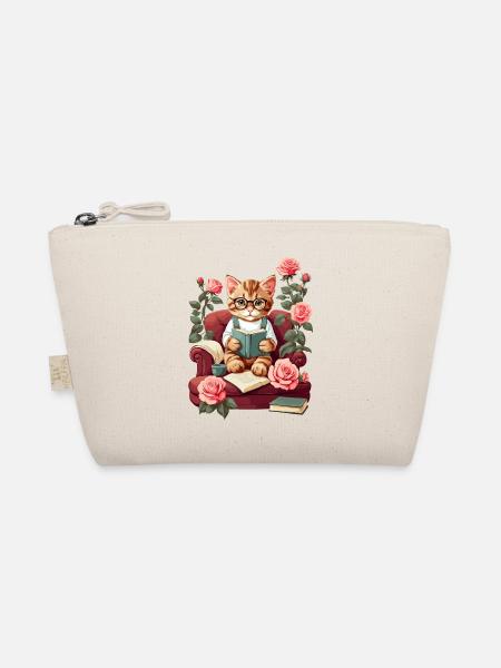 Cute Clever Cat with Reading Glasses - Organic Pouch - nature - Front