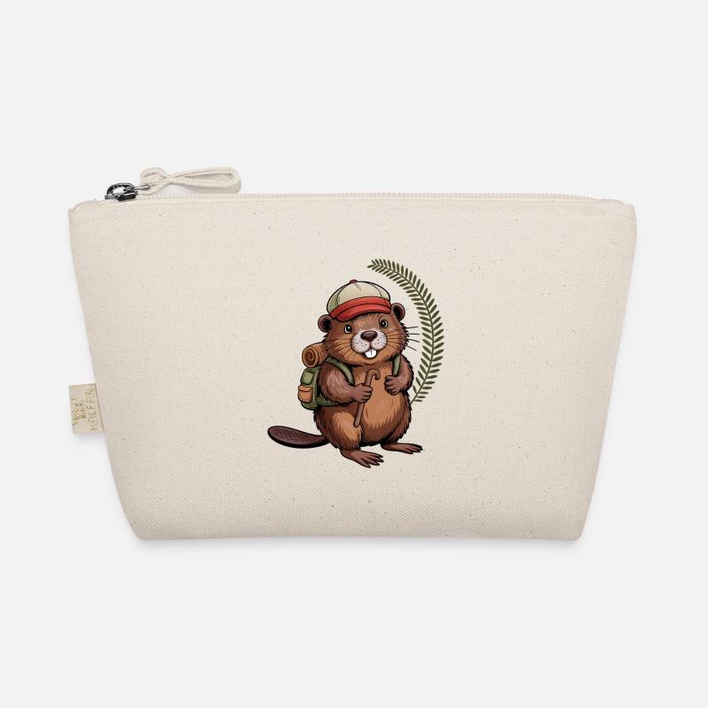 Funny beaver with hiking poles and backpack Organic Pouch
