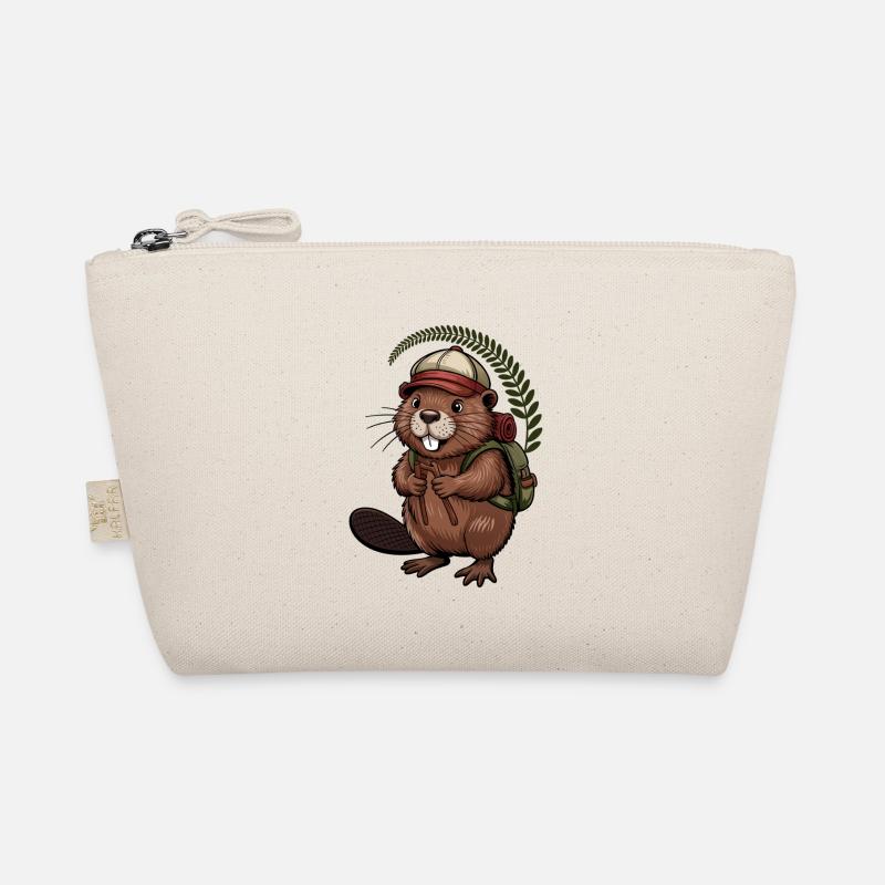 Funny beaver with hiking poles and backpack Organic Pouch