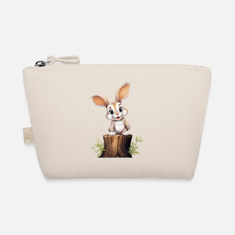 Cute bunny sitting on a tree trunk and smiling Organic Pouch