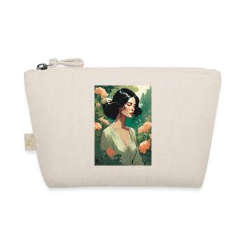 black-haired beautiful woman in flower field gift - Organic Pouch - nature - Front
