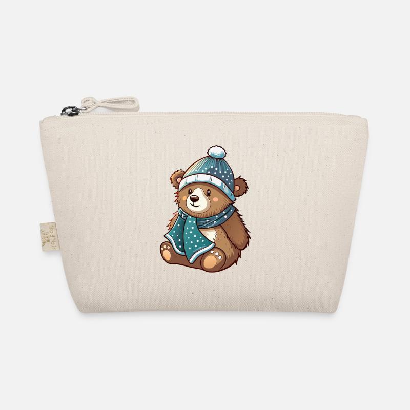 Cute bear with scarf and bobble hat. Organic Pouch