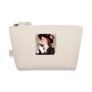 Elegante Vintage-Frau, die eine hübsche rosa Rose riecht - Bio-Täschchen - Natur - Vorne