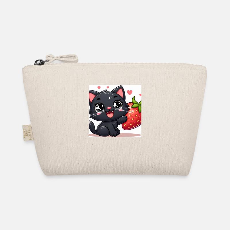 Sweet Kitty Schwarz mit grosser Erdbeere und Augen - Bio-Täschchen - Natur