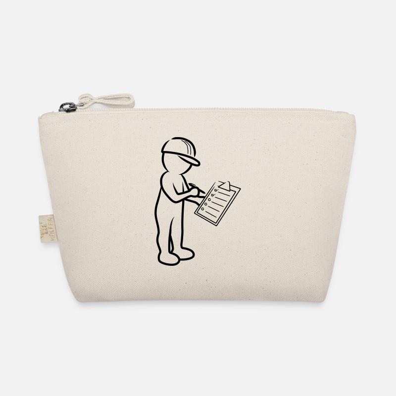 Männchen mit Helm und Checkliste auf Baustelle Bio-Täschchen