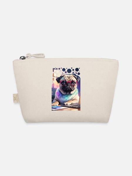 Office Dog Pug with Laptop and Pink Glasses Pop Art - Organic Pouch - nature - Front