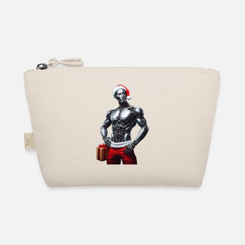 Cyber-robot mit Weihnachtsmütze und Geschenk Bio-Täschchen