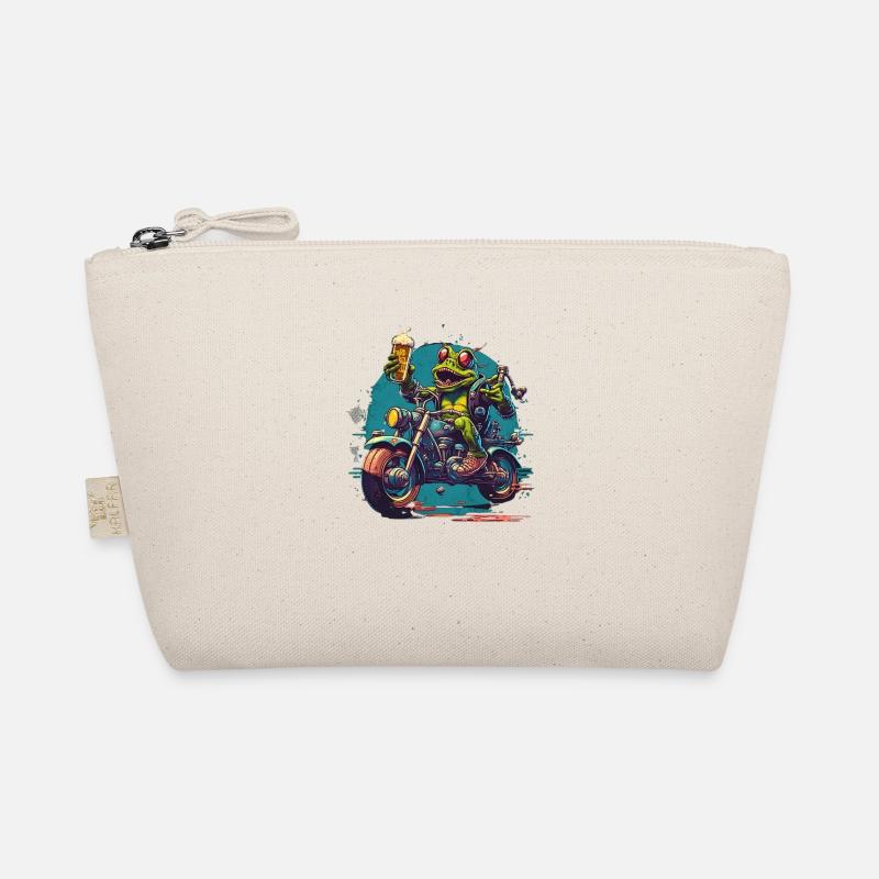 Frosch auf Motorrad mit Bier Bio-Täschchen