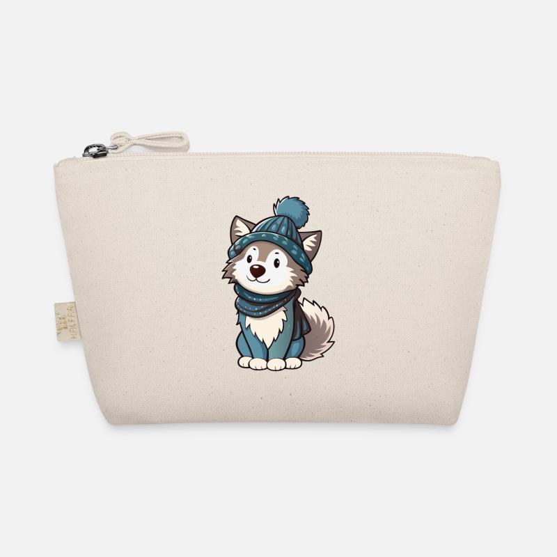 Cute wolf with scarf and bobble hat. Organic Pouch