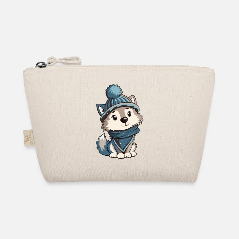 Cute wolf with scarf and bobble hat. Organic Pouch