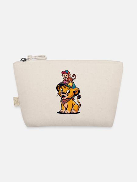 Cute Lion and Monkey – Best Friends Cartoon Style - Organic Pouch - nature - Front