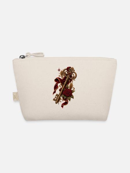 Vintage Schlüssel mit roter Rose - Bio-Täschchen - Natur
