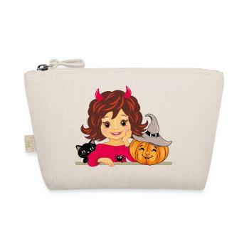 Cute smiling girl with cat and Halloween pumpkin - Organic Pouch - nature - Front
