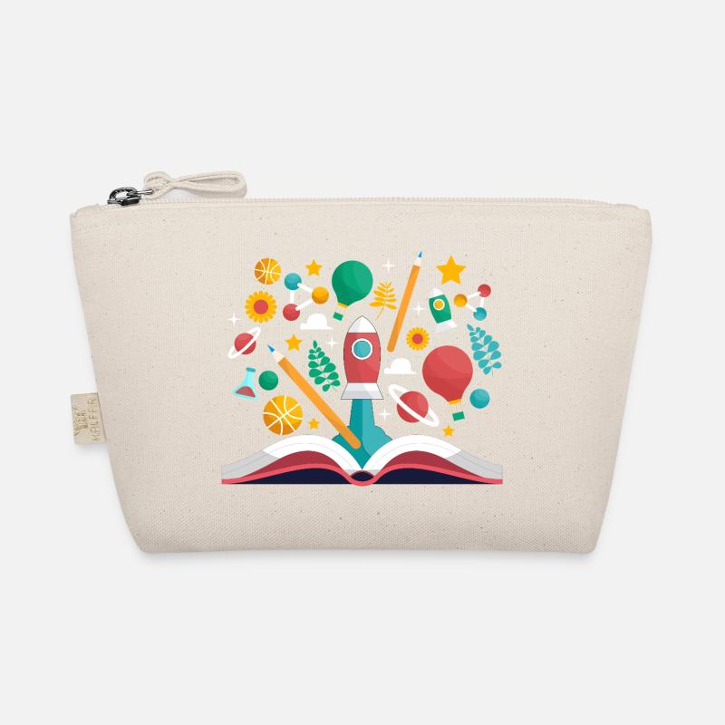 Offenes Buch mit Schulobjekten, Lernen und Pädagogik Bio-Täschchen