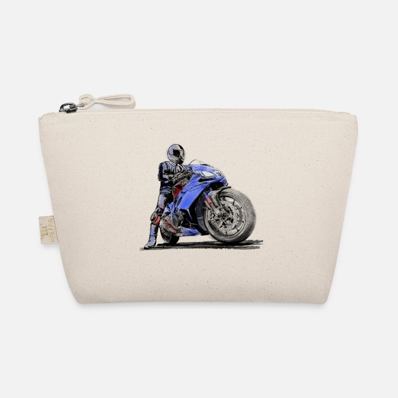 Pilote de course avec une moto de sport bleue Trousse biologique