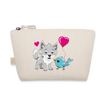 Glückliches Wolfsbaby und süßes Vögelchen mit Luftballon - Bio-Täschchen - Natur - Vorne