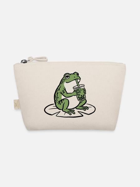 Niedlicher Frosch, der Boba-Tee-Seerosenpad-Illustration trinkt - Bio-Täschchen - Natur