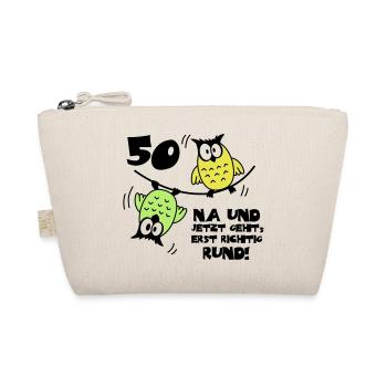50 Birthday, Owl on the wire rope, round - Organic Pouch - nature - Front
