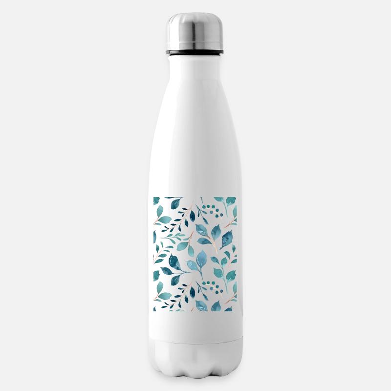 Blaues Blattmuster - Isolierflasche - Weiß