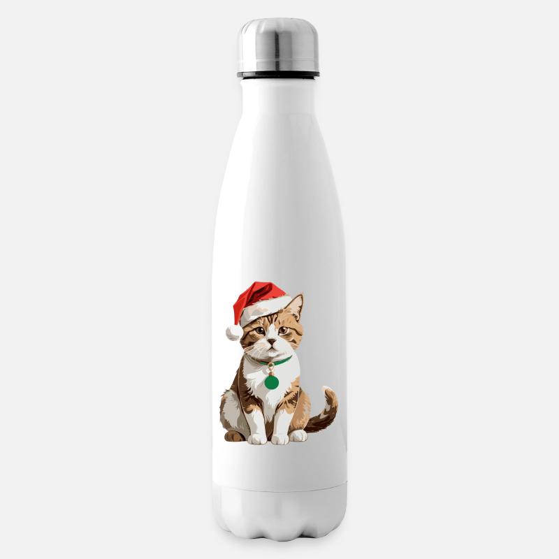 Süße Katze mit Weihnachtsmütze - Isolierflasche - Weiß