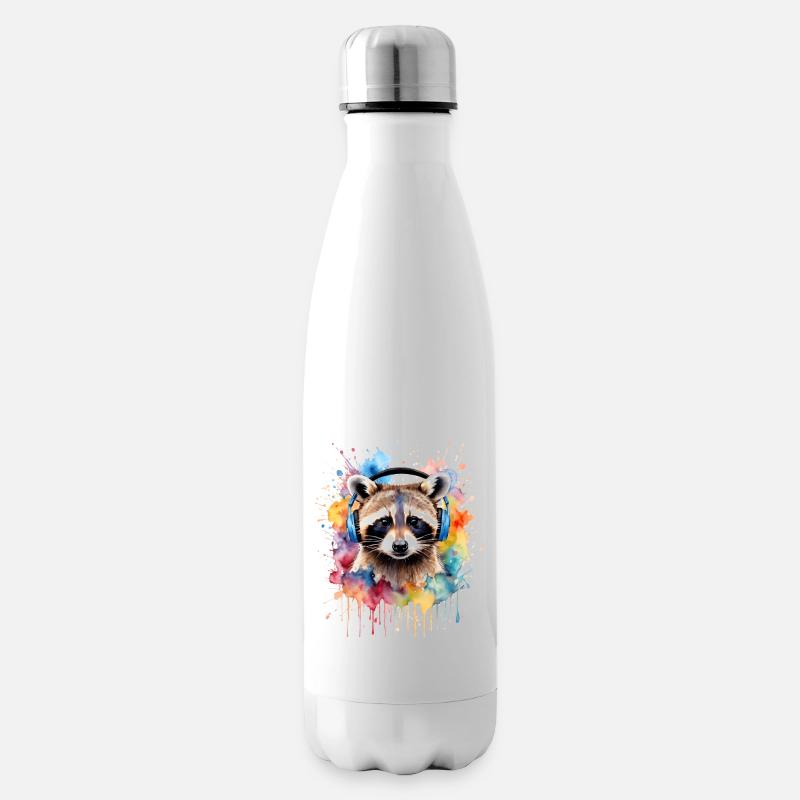 Waschbär Kopfhörer Musik Bunt Tier Design Print - Isolierflasche - Weiß