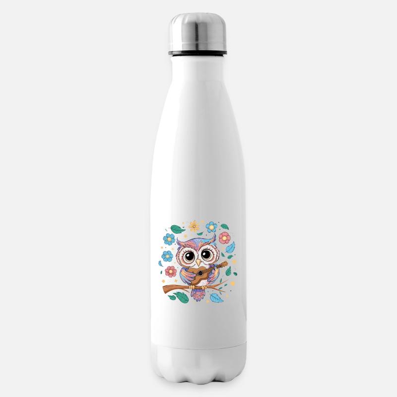 Niedliche Eule Vogel Federn Blumen Gitarre - Isolierflasche - Weiß