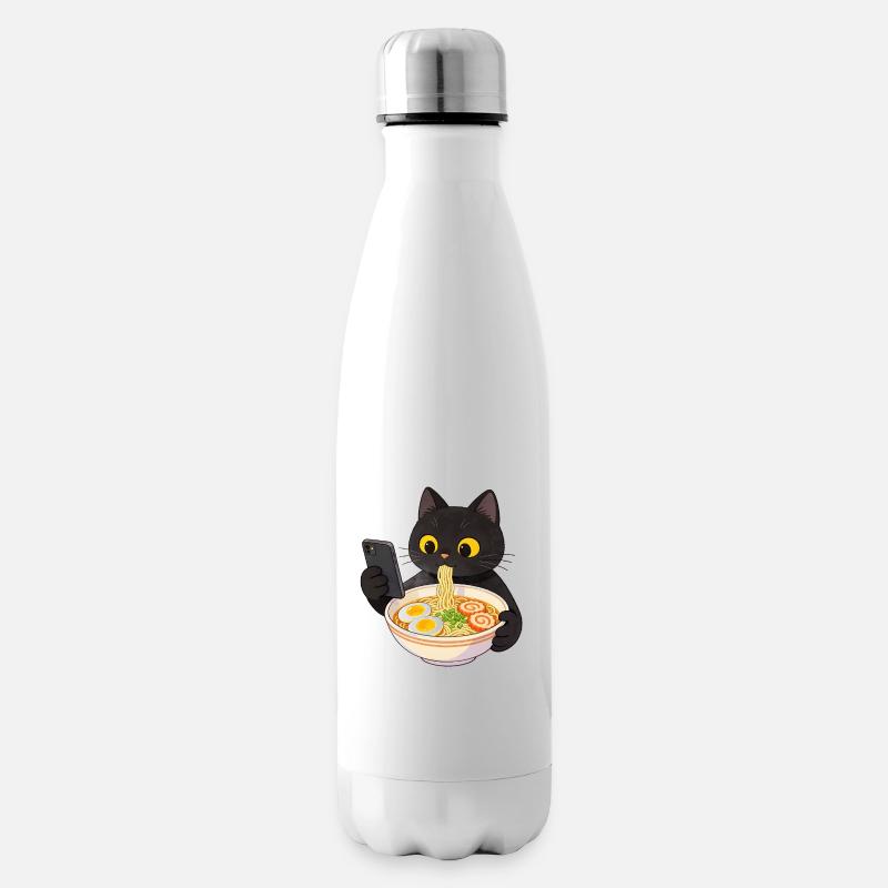 Chat noir avec smartphone et nouilles ramen - Bouteille isotherme - blanc