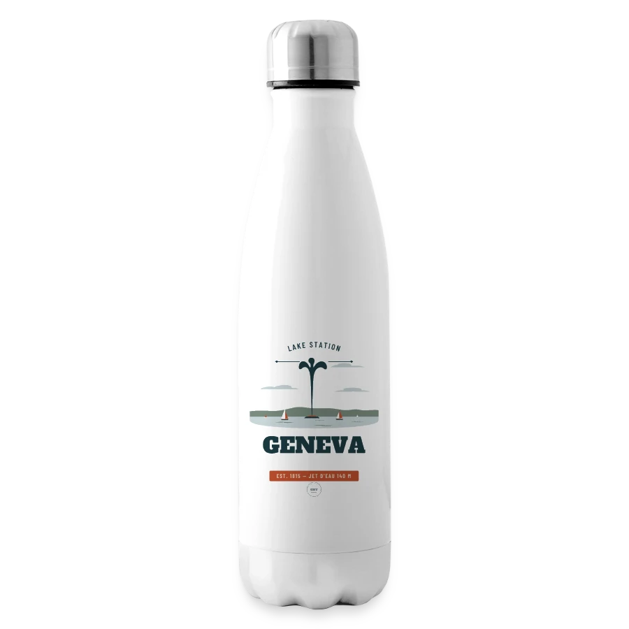 Geneva badge on a insulated water bottle, white