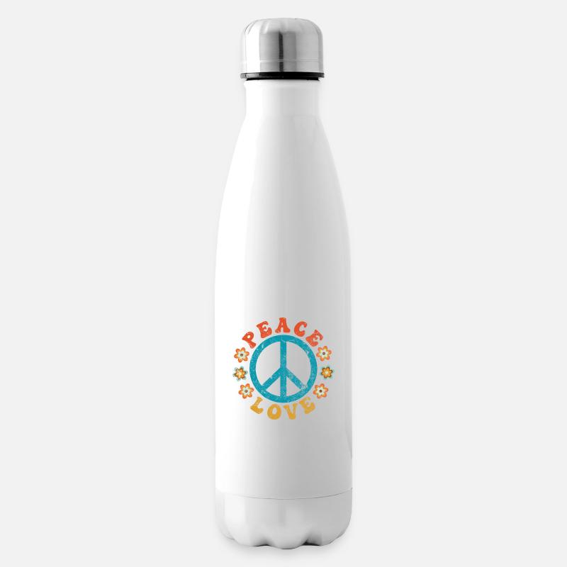 Peace & Love - Hippie Friedenszeichen mit Blumen - Isolierflasche - Weiß
