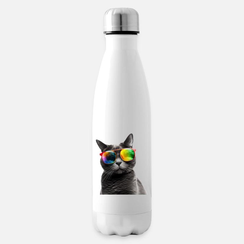 Coole Katze mit Regenbogen Sonnebrille - Isolierflasche - Weiß